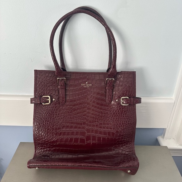 Kate spade patent merlot large leather crocodile tote bag.